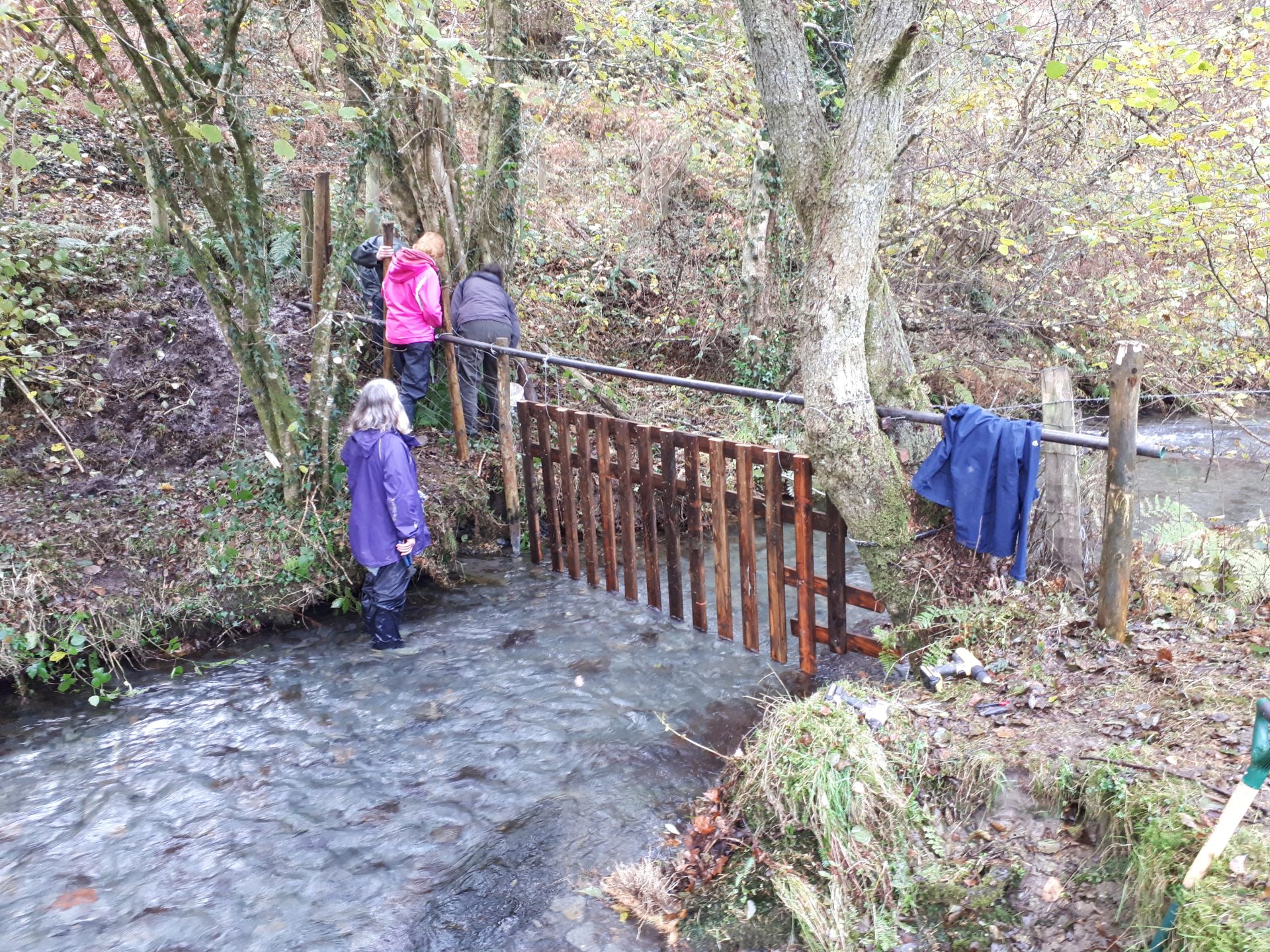 Volunteers installing a river gate Dolau Dyfi project